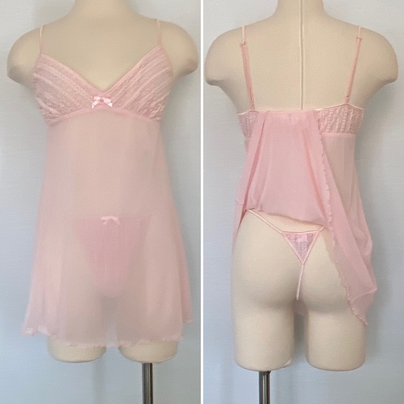 Y2K Victoria’s Secret Mesh Pink Vintage Babydoll Chemise Thong Panty 2 PC Set L🔥 - Picture 9 of 9